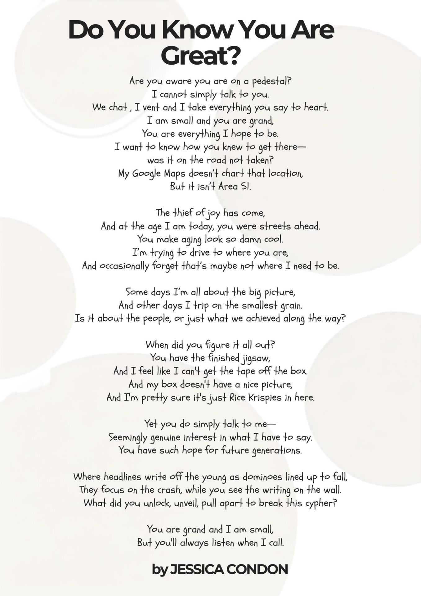 Do You Know You Are Great?, a poem by Jessica Condon